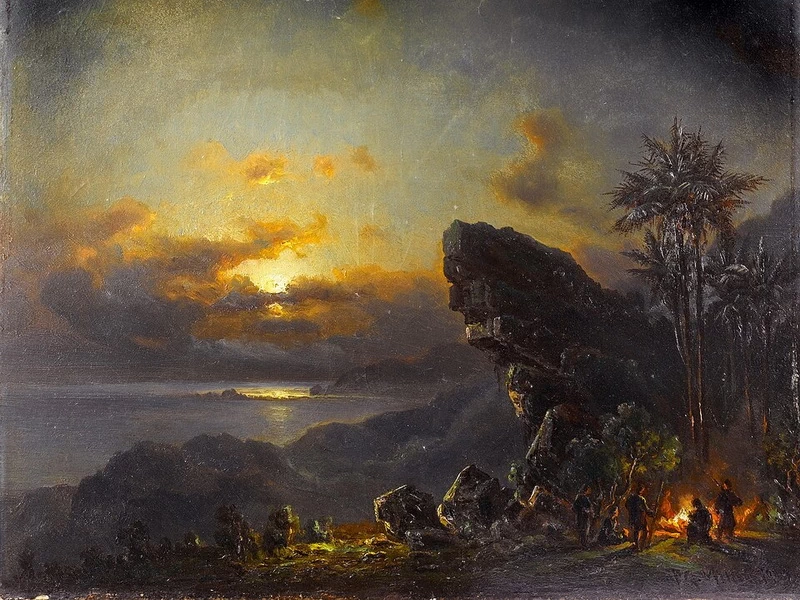 1826-		Fritz Melbye - Figure attorno al fuoco al chiaro di luna